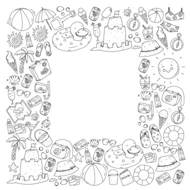 Plaj ve seyahat. Yaz tatil elemanları ile vektör simgeler.