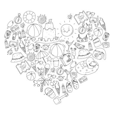 Plaj ve seyahat. Yaz tatil elemanları ile vektör simgeler.