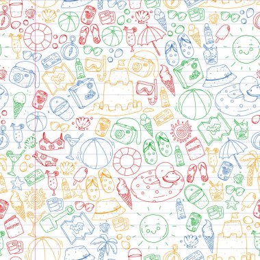 Plaj ve seyahat. Yaz tatil elemanları ile vektör simgeler.