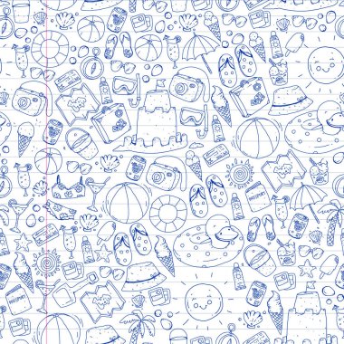 Plaj ve seyahat. Yaz tatil elemanları ile vektör simgeler.