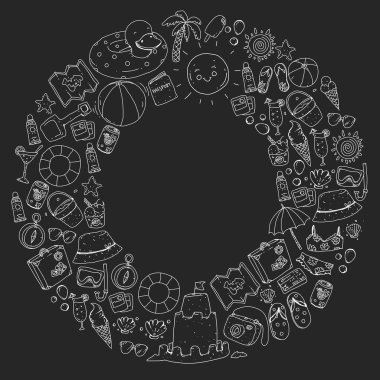 Plaj ve seyahat. Yaz tatil elemanları ile vektör simgeler.