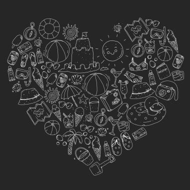 Plaj ve seyahat. Yaz tatil elemanları ile vektör simgeler.