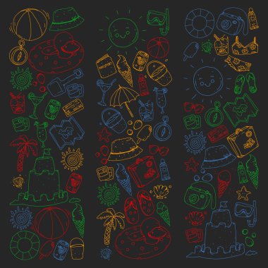 Plaj ve seyahat. Yaz tatil elemanları ile vektör simgeler.