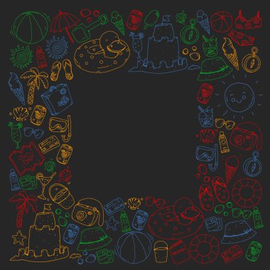 Plaj ve seyahat. Yaz tatil elemanları ile vektör simgeler.