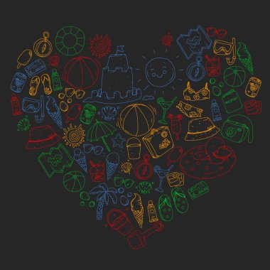 Plaj ve seyahat. Yaz tatil elemanları ile vektör simgeler.