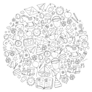 Anaokulu vektör seamless modeli oyuncaklar ve eğitim öğeleri ile.