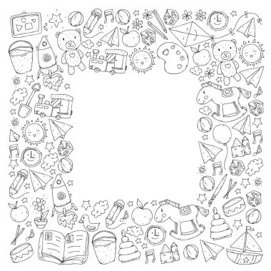 Anaokulu vektör seamless modeli oyuncaklar ve eğitim öğeleri ile.