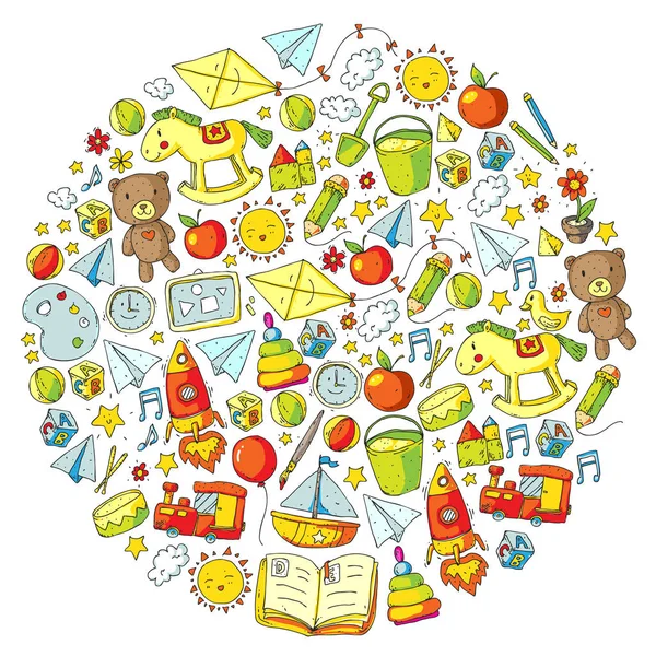 Kindergarten Patrón vectorial con juguetes y artículos para la educación . — Archivo Imágenes Vectoriales