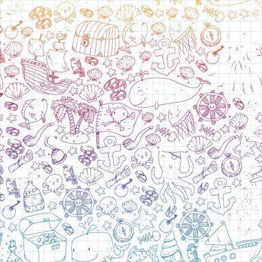 Vektör korsan desen küçük erkek ve kız. Anaokulu, Doğum günü partisi. Kağıt ambalaj çocuk odası için duvar kağıdı.