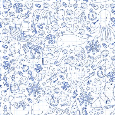 Vektör korsan desen küçük erkek ve kız. Anaokulu, Doğum günü partisi. Kağıt ambalaj çocuk odası için duvar kağıdı.