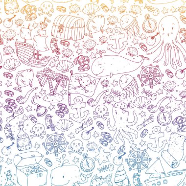 Vektör korsan desen küçük erkek ve kız. Anaokulu, Doğum günü partisi. Kağıt ambalaj çocuk odası için duvar kağıdı.