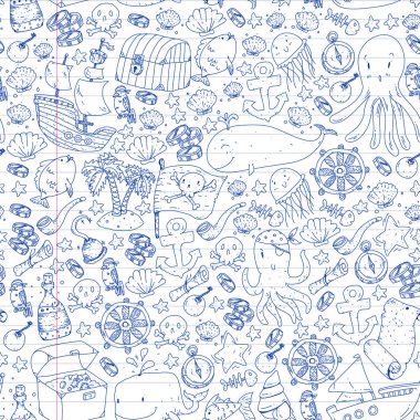 Vektör korsan desen küçük erkek ve kız. Anaokulu, Doğum günü partisi. Kağıt ambalaj çocuk odası için duvar kağıdı.