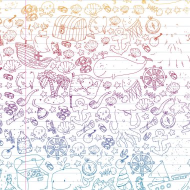 Vektör korsan desen küçük erkek ve kız. Anaokulu, Doğum günü partisi. Kağıt ambalaj çocuk odası için duvar kağıdı.