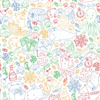 Vektör korsan desen küçük erkek ve kız. Anaokulu, Doğum günü partisi. Kağıt ambalaj çocuk odası için duvar kağıdı