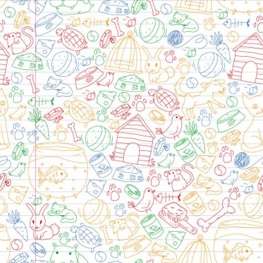 Evde beslenen hayvan dükkan, Hayvanat Bahçesi, veteriner. Vektör desen woth kedi, hamster, köpek, tavşan, tavşan.