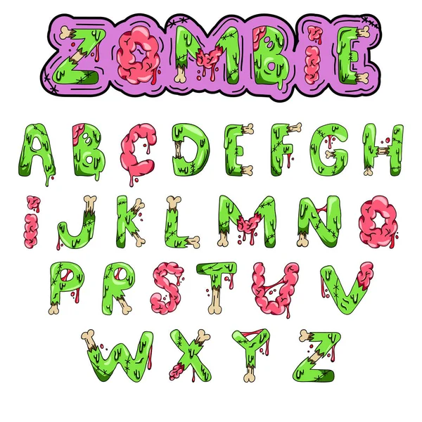 Zombie lettertype. Cartoon groene vector letters met hersenen en botten. Monster, halloween, Schrikachtig foto. — Stockvector