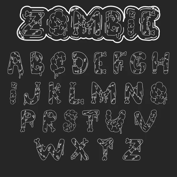 Zombie lettertype. Cartoon groene vector letters met hersenen en botten. Monster, halloween, Schrikachtig foto. — Stockvector