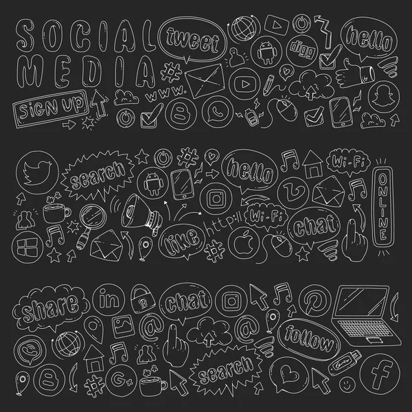 Iconos de redes sociales y trabajo en equipo. Patrones sobre fondo negro. Ilustración de tiza en pizarra. Gestión, negocios . — Vector de stock