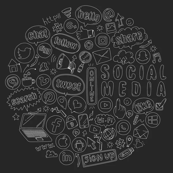 Social Media und Teamwork-Ikonen. Muster auf schwarzem Hintergrund. Kreidezeichnung auf Tafel. Management, Wirtschaft. — Stockvektor