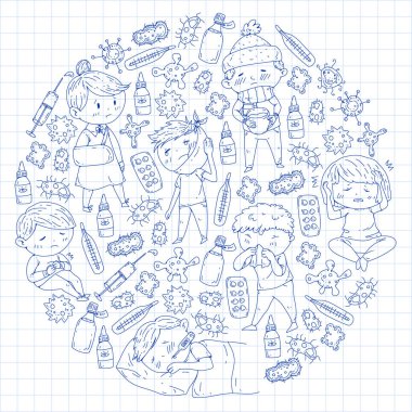 Çocuk Tıp Merkezi. Sağlık illüstrasyon. Küçük çocuklar, enfeksiyon, ateş, soğuk, virüs, hastalık ile doodle simgeler.