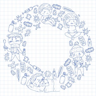 Çocuk Tıp Merkezi. Sağlık illüstrasyon. Küçük çocuklar, enfeksiyon, ateş, soğuk, virüs, hastalık ile doodle simgeler.
