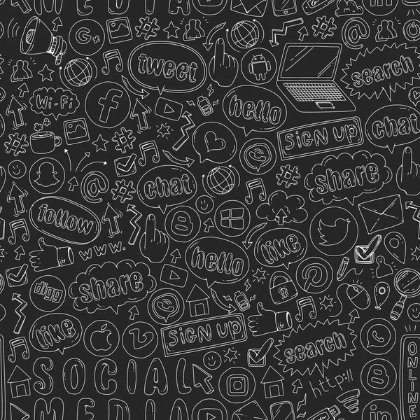 Sociala medier och lagarbete ikoner. Mönster på svart bakgrund. Krita illustration på blackboard. Management, business. — Stock vektor