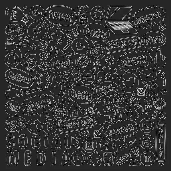 Social media and teamwork icons. Patterns on black background. Chalk illustration on blackboard. Management, business. — Stock Vector