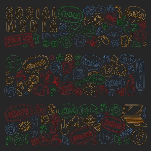 소셜 미디어와 팀웍 아이콘입니다. 검은색에 패턴입니다. 분필 칠판에 그림. 관리, 비즈니스. — 스톡 벡터