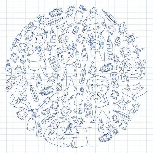 Centro médico para niños. Ilustración sanitaria. Doodle iconos con niños pequeños, infección, fiebre, resfriado, virus, enfermedad . — Archivo Imágenes Vectoriales