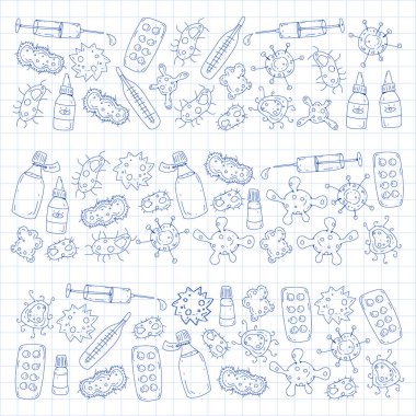 Öksürük, hap, grip, grip, hastalık. Doodle simgeler vektör desen. Sağlık ve Tıp.