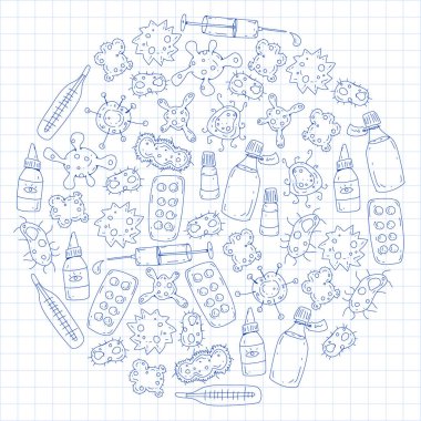 Öksürük, hap, grip, grip, hastalık. Doodle simgeler vektör desen. Sağlık ve Tıp.