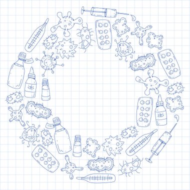 Öksürük, hap, grip, grip, hastalık. Doodle simgeler vektör desen. Sağlık ve Tıp.