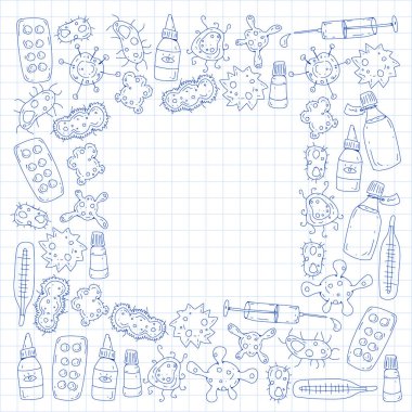 Öksürük, hap, grip, grip, hastalık. Doodle simgeler vektör desen. Sağlık ve Tıp.