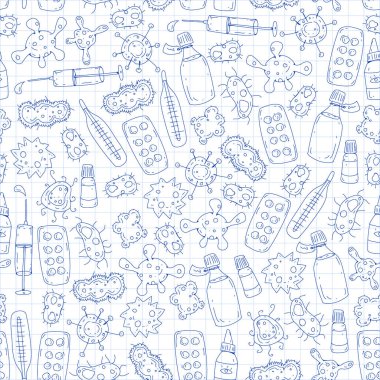 Öksürük, hap, grip, grip, hastalık. Doodle simgeler vektör desen. Sağlık ve Tıp.