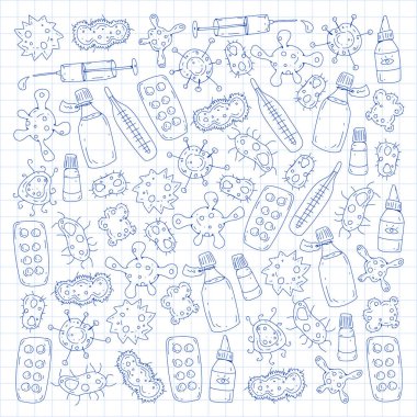 Öksürük, hap, grip, grip, hastalık. Doodle simgeler vektör desen. Sağlık ve Tıp.