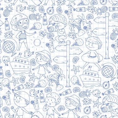 Mutlu çocuklar oynarken deniz kıyısı, plaj, deniz, okyanus. Çocuklar tatil ve seyahat. Yüzme, doodle simgeler küre, cruise gemisi, kokteyller