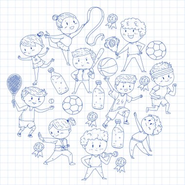 Çocuk yarışmaları spor. Genç atheles oynarken futbol, futbol, beyzbol, basketbol. Çalışan kız ve erkek. Rhythic jimnastik, artistik patinaj görüntüleri.