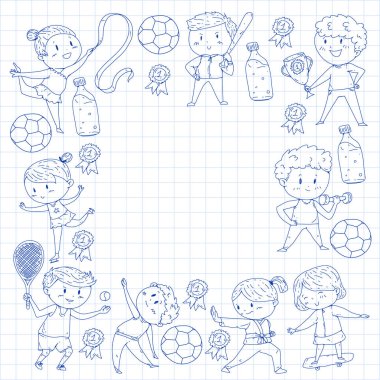 Çocuk yarışmaları spor. Genç atheles oynarken futbol, futbol, beyzbol, basketbol. Çalışan kız ve erkek. Rhythic jimnastik, artistik patinaj görüntüleri.