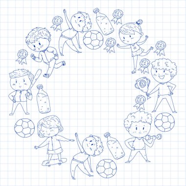 Çocuk yarışmaları spor. Genç atheles oynarken futbol, futbol, beyzbol, basketbol. Çalışan kız ve erkek. Rhythic jimnastik, artistik patinaj görüntüleri.