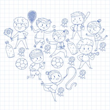 Çocuk yarışmaları spor. Genç atheles oynarken futbol, futbol, beyzbol, basketbol. Çalışan kız ve erkek. Rhythic jimnastik, artistik patinaj görüntüleri.