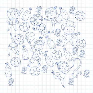 Çocuk yarışmaları spor. Genç atheles oynarken futbol, futbol, beyzbol, basketbol. Çalışan kız ve erkek. Rhythic jimnastik, artistik patinaj görüntüleri.