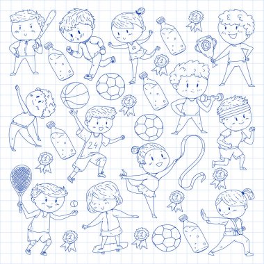 Çocuk yarışmaları spor. Genç atheles oynarken futbol, futbol, beyzbol, basketbol. Çalışan kız ve erkek. Rhythic jimnastik, artistik patinaj görüntüleri.