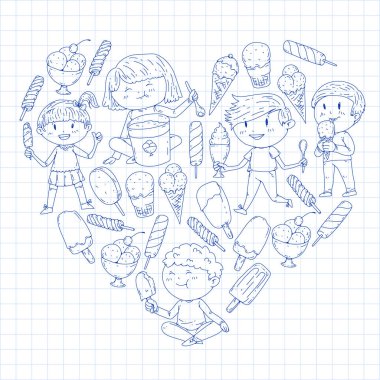 Küçük çocuklar dondurma yemek. Tatlı çilek şeker çocuklar için. Lezzetli vanilya, portakal, kivi tatlı.