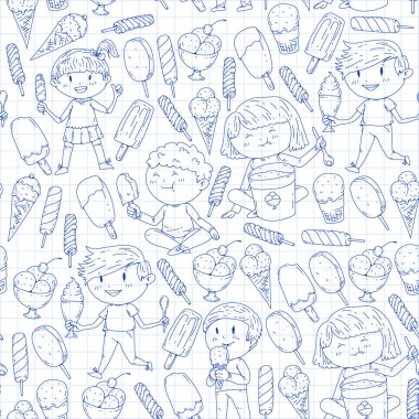 Küçük çocuklar dondurma yemek. Tatlı çilek şeker çocuklar için. Lezzetli vanilya, portakal, kivi tatlı.