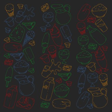 Süt ve süt ürünleri. Doodle simgeler. Diyet, kahvaltı. Süt, yoğurt, peynir, dondurma, tereyağı. Taze sağlıklı yemek yemek ve mutlu olmak.