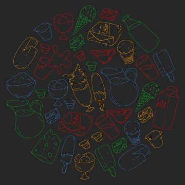 Süt ve süt ürünleri. Doodle simgeler. Diyet, kahvaltı. Süt, yoğurt, peynir, dondurma, tereyağı. Taze sağlıklı yemek yemek ve mutlu olmak.