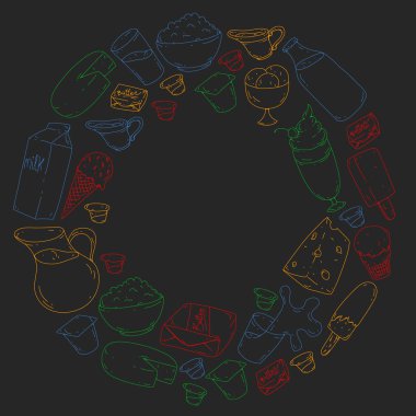 Süt ve süt ürünleri. Doodle simgeler. Diyet, kahvaltı. Süt, yoğurt, peynir, dondurma, tereyağı. Taze sağlıklı yemek yemek ve mutlu olmak.
