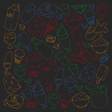 Süt ve süt ürünleri. Doodle simgeler. Diyet, kahvaltı. Süt, yoğurt, peynir, dondurma, tereyağı. Taze sağlıklı yemek yemek ve mutlu olmak.