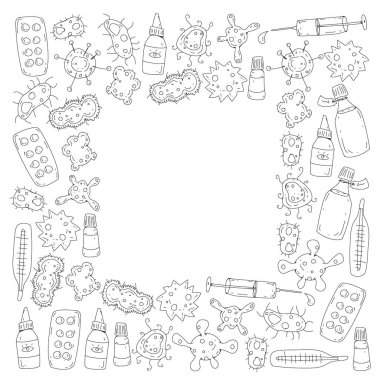 Öksürük, hap, grip, grip, hastalık. Doodle simgeler vektör desen. Sağlık ve Tıp.