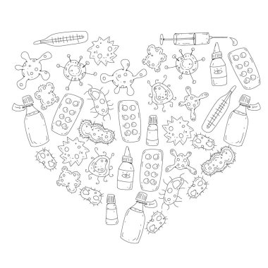 Öksürük, hap, grip, grip, hastalık. Doodle simgeler vektör desen. Sağlık ve Tıp.